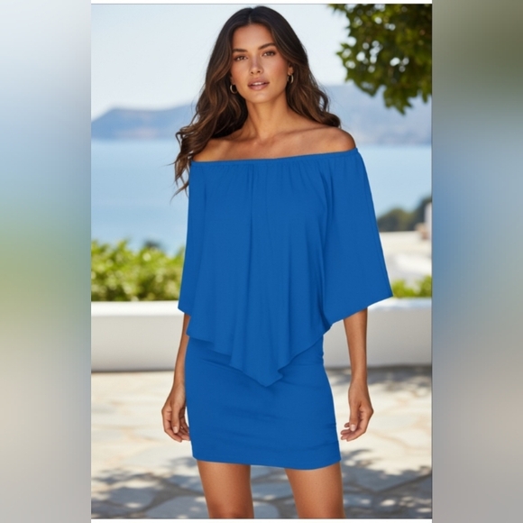 Polyester Off-Shoulder Bodycon Mini Dress, Bodycon Batwing Bkue Dress, (L) - Picture 4 of 10